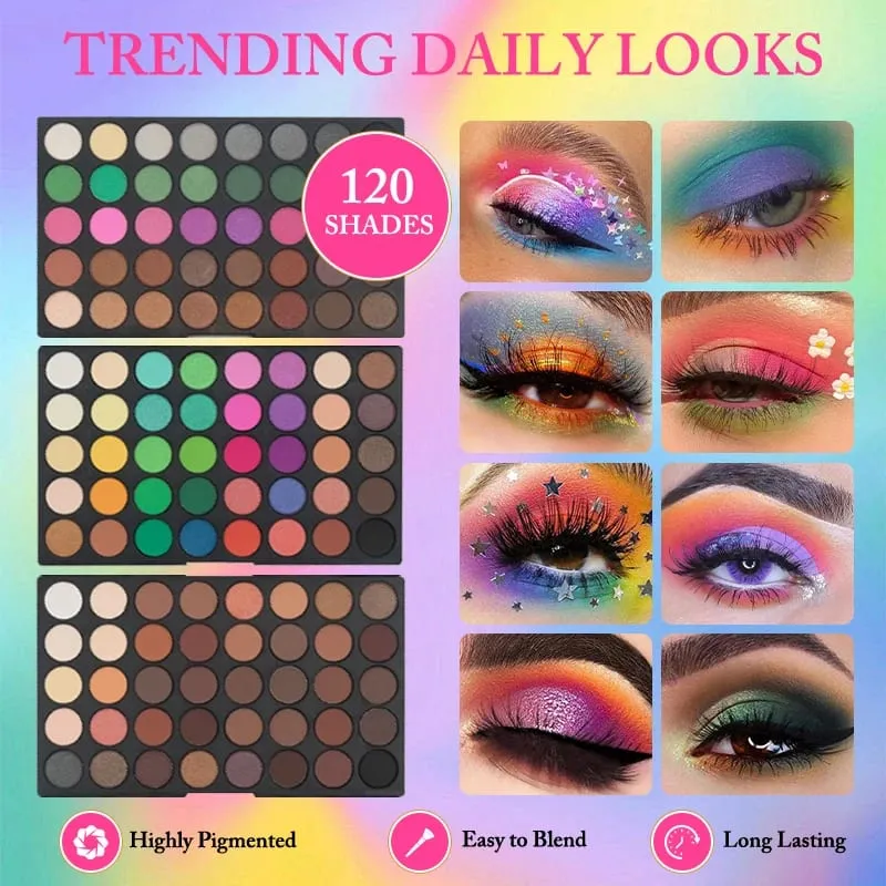 Kit de maquillage 3 pièces, Palette de fard à paupières 120 couleurs avec 8 pinceaux de maquillage et bol de nettoyage de brosse pliable en Silicone pour les fêtes quotidiennes — image 3