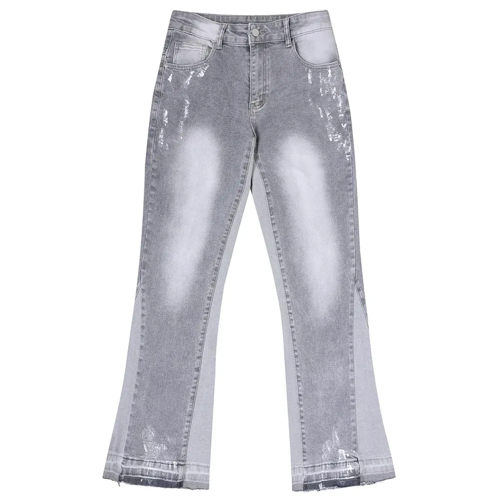ผู้ชายทาสี Flared Denim กางเกงยีนส์ Spliced Slim Boot Cut กางเกง Vintage ผ้าฝ้ายสีเทาเปิดตัว Hem กางเกง