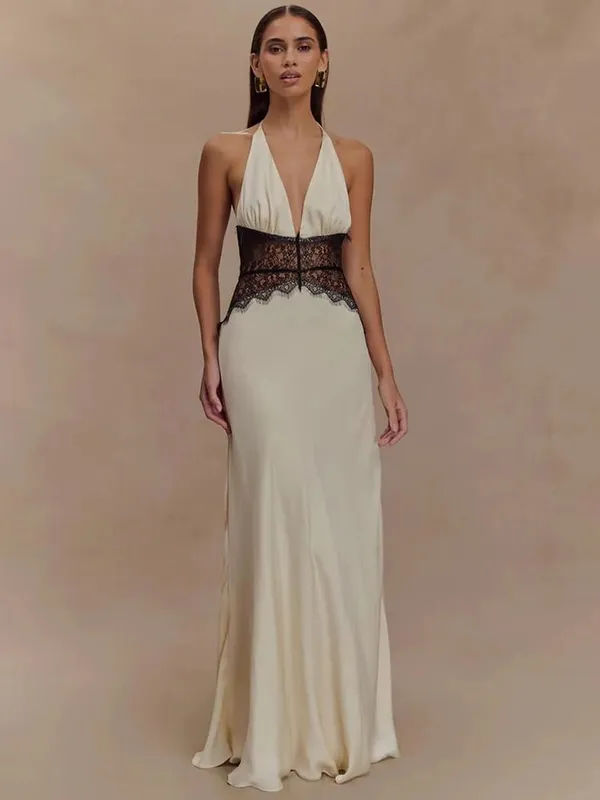 Mozision Abito lungo sexy senza schienale estivo Abito da donna Patchwork in pizzo Halter scollo a V profondo senza maniche abito lungo elegante a vita alta
