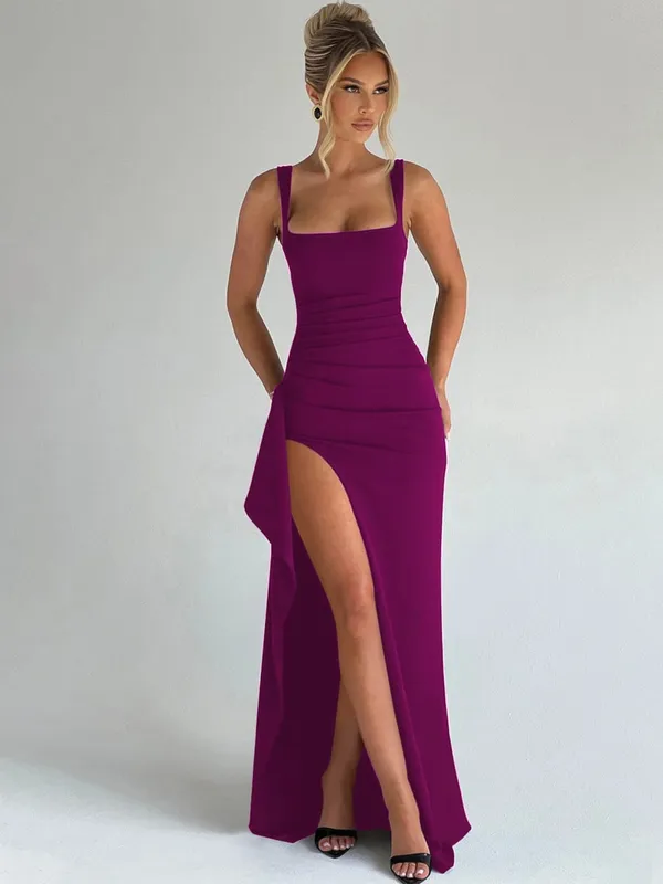 Hugcitar Gaun Maxi Bodycon Seksi Perca Ruched Celah Tali Solid Elegan Wanita Pakaian Musim Panas Festival Ulang Tahun Pesta Malam — image 17