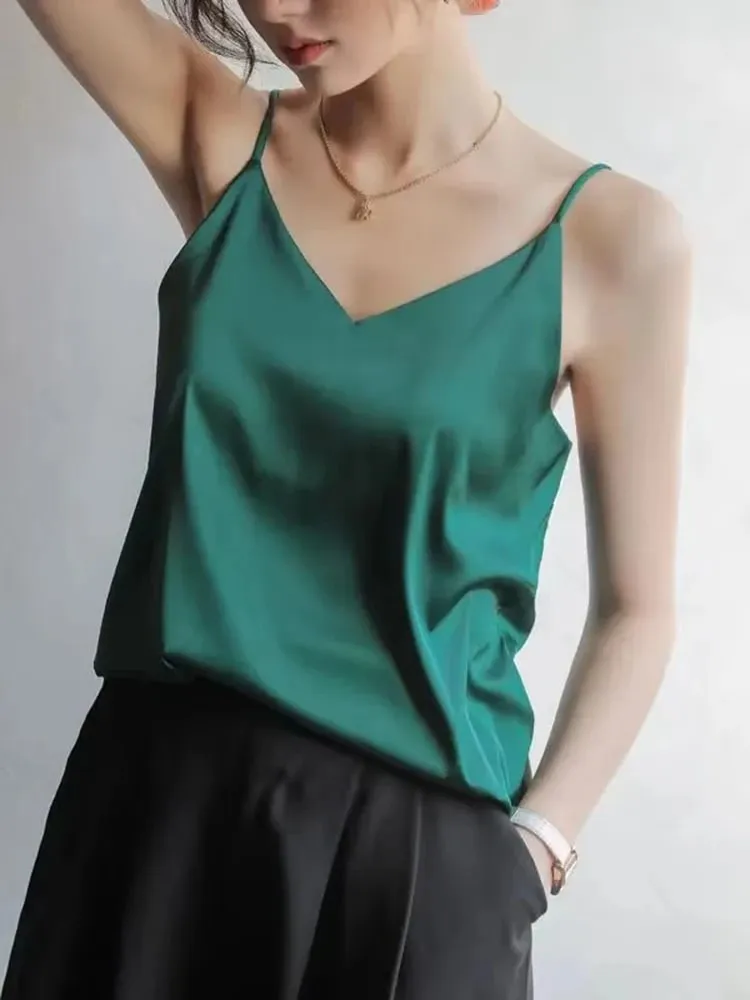 Vrouwen Halter V-hals Basic Wit Cami Spaghetti Top Mouwloos Satijn Zijde 2026 Tank Tops Dames Zomer Hemdje — image 2