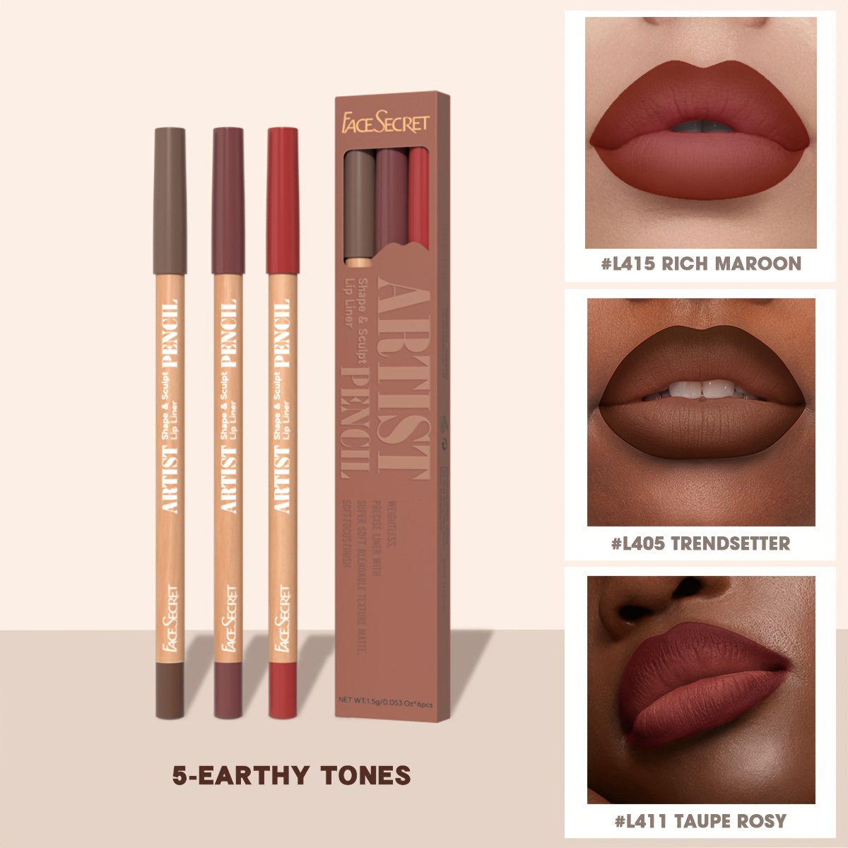 Face Secret 3 ชิ้นชุด Nude Lip Liner Natural Matte ยาวนานกันน้ำสูงสี Hook Line ดินสอเขียนขอบปากแต่งหน้า — image 11