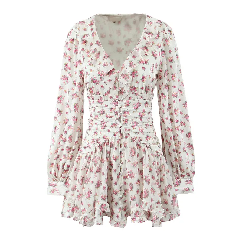 Pakaian Mini Ruffle Cetak Bunga Boho Wanita Butang Depan Lengan Panjang V Leher Musim Bunga Gaun 2025 Jubah Percutian Vestidos Pendek