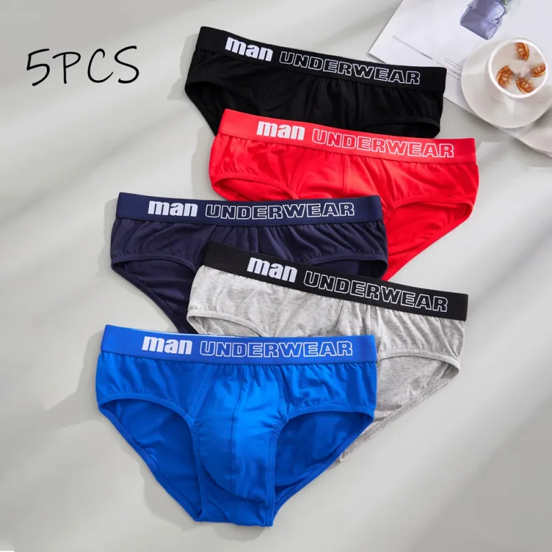 5PCS Cotton Men's Casual Shorts Stylish Monogram Personalized Briefs Comfortable Solid Color Briefs 2025 Mens Sexy Underwear