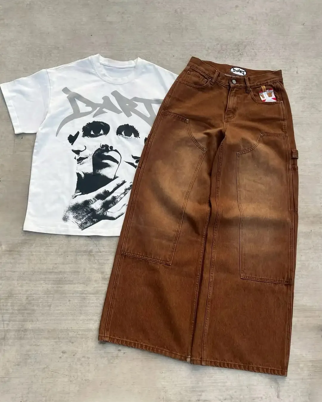 Mens Streetwear สีน้ำตาลล้าง Denim กางเกงช่างไม้รูปแบบบุหรี่กระเป๋าหลวมสูงเอวกว้างขากางเกงยีนส์สวมใส่ทุกวัน — image 4