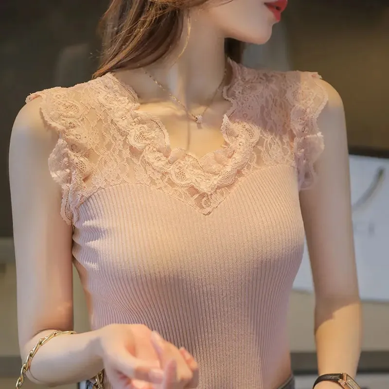 Summer V-neck Lace Stitching Pullover Sleeveless T-shirt Women's See-through Ice Silk Vest Suspender Knitted Base Layer Women — image 11