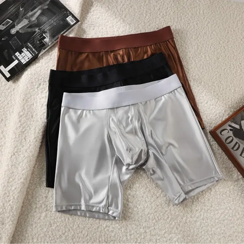 Intimo da uomo liscio e setoso, in raso elasticizzato, boxer a gamba lunga senza cuciture, custodia a tromba, mutande sportive, club party lingerie — image 8