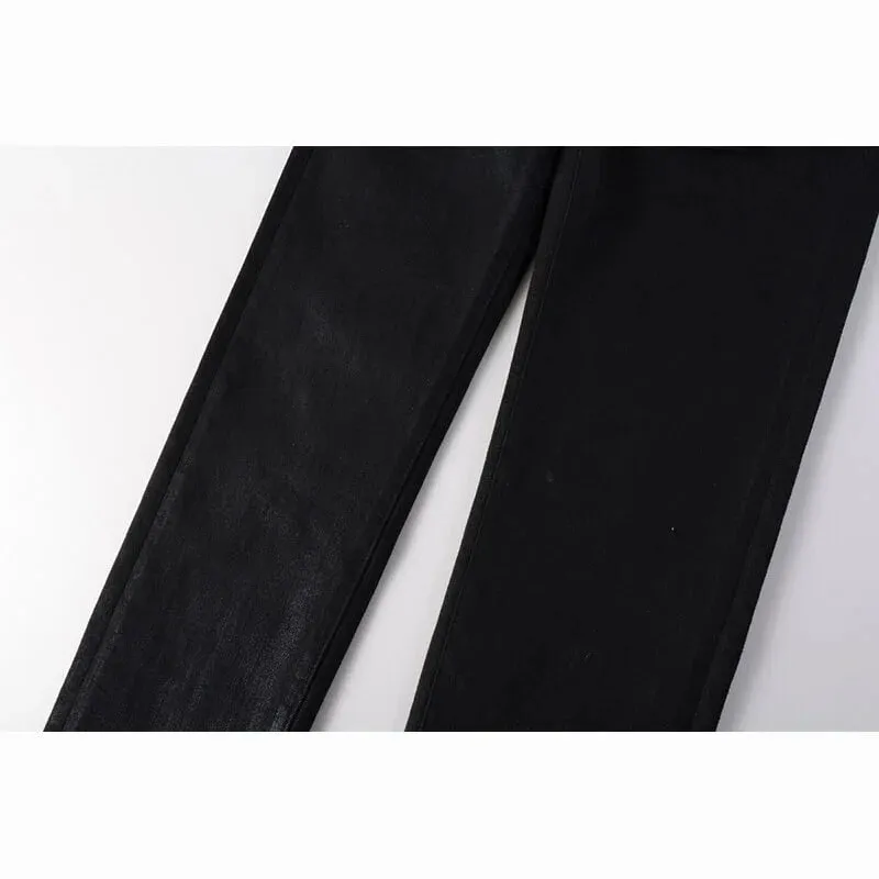 Seluar Jeans Tirus Tirus Bersalut Hitam Lelaki Dibasuh Bermasalah Rekaan Butang Terbang Gaya Jalan Tinggi — image 5