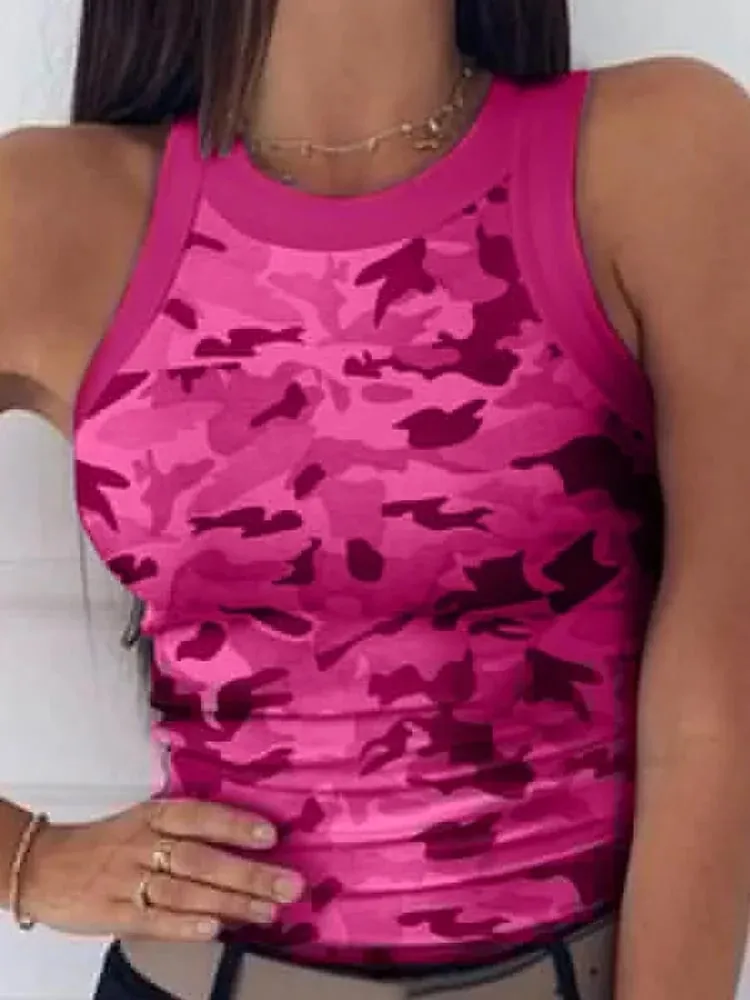 Damski Casual Camo wokół szyi prążkowany podkoszulek lato podstawowe elastyczna koszulka na ramiączkach seksowna bez rękawów kamizelka z wycięciem pod szyją odzież damska — image 5