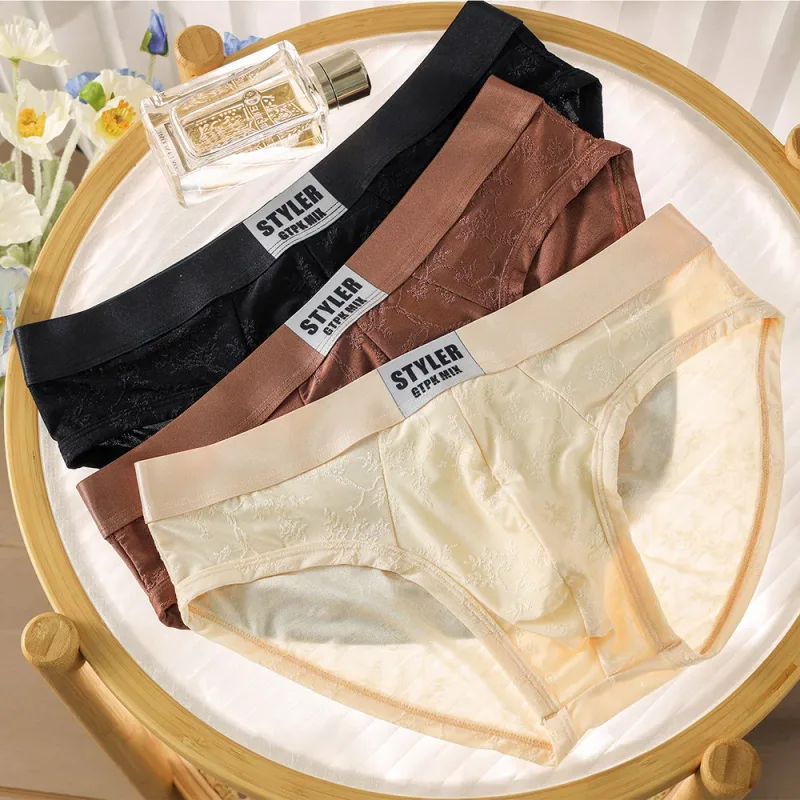 1/3PCS Slip da uomo Prospettiva Sexy Jacquard di lusso Liscio Seta del ghiaccio Mens Biancheria intima intima Traspirante 3D Mesh Pouch Lingerie