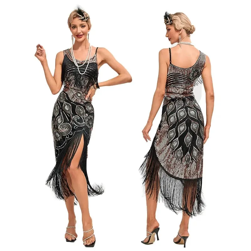 Sequin Dress 1920s Retro Tassel Peacock Pattern Dress Great Gatsby Cocktail Party Charleston Dance Dress Ball Long Evening Dress — image 3