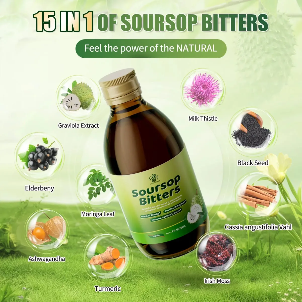 Płyn Soursop Bitters z moringą i kurkumą do oczyszczania układu trawiennego i jelit Przeciwutleniacz Zdrowie skóry Regeneracja komórek Odporność — image 3