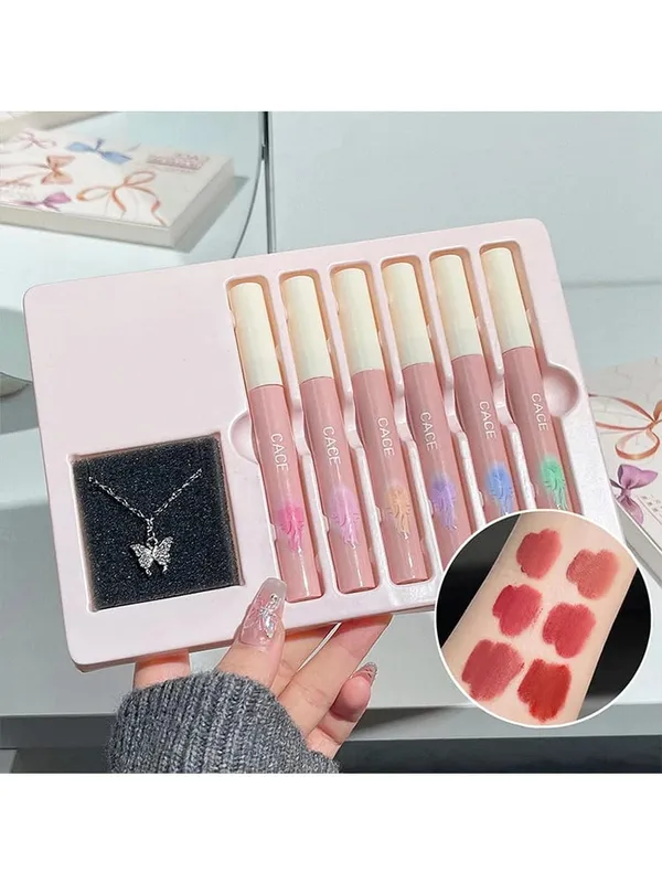 6 สี Matte Liquid ลิปสติกแต่งหน้าชุด Matte Long Lasting Lipgloss Tint กันน้ำ Lip Mud พร้อมสร้อยคอของขวัญเครื่องสำอาง