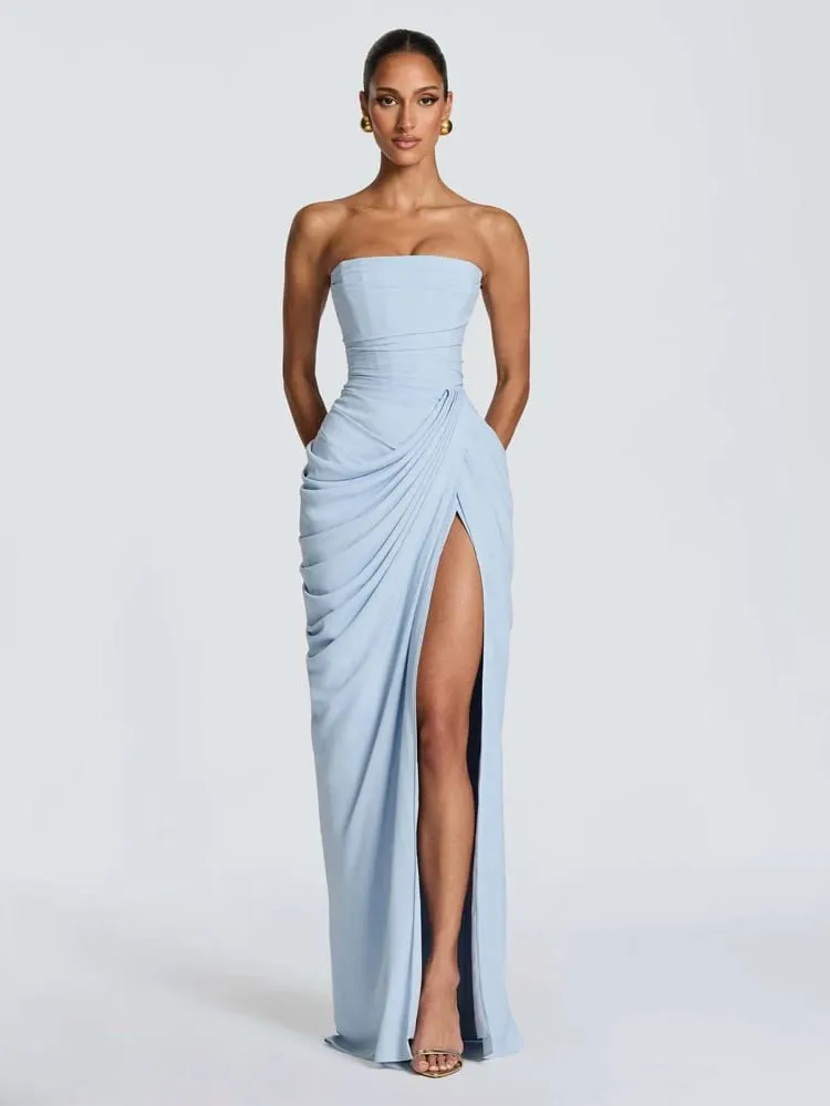 Elegantes, solides, plissiertes, trägerloses Maxikleid, gelb, schulterfrei, rückenfrei, hohe Taille, geteilte Robe, 2026, neues Damen-Abend-Partykleid — image 6