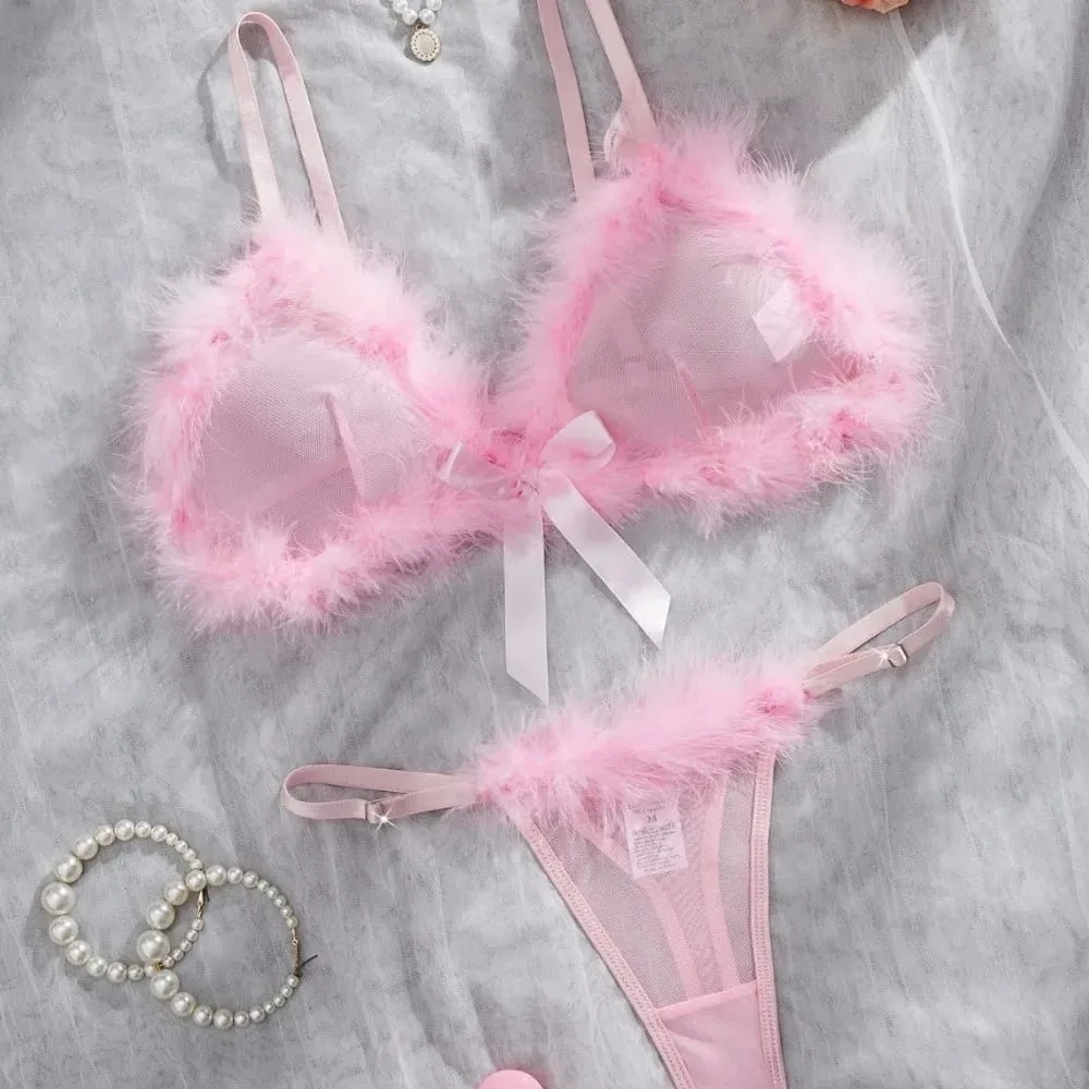 Sous-vêtements en fourrure pour femmes, ensemble de Lingerie transparente en maille sans fil, décor de nœud, soutien-gorge intime romantique, culotte, costume pour la saint-valentin — image 4