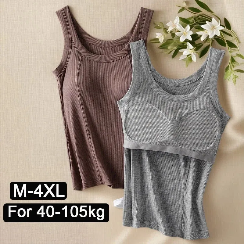 M-4XL für 45–105 kg, gefädeltes Baumwoll-Camisole-Top in Übergröße mit integriertem BH für Damen, modale, nahtlose Unterwäsche, Tank-Tops — image 2