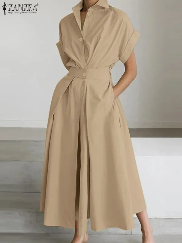 Elegant Chic ผู้หญิงชุดยาวลำลองแขนสั้นคอเอวสูง Casual & Day เสื้อชุดสีทึบ S-3XL — image 8