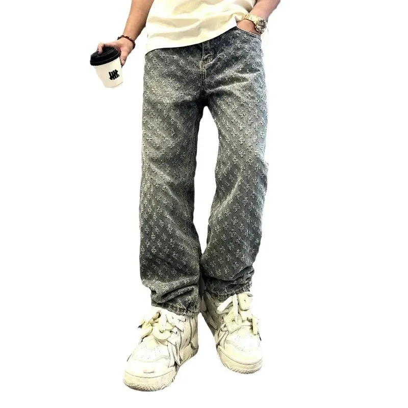 Jacquard Pattern Denim Pants Male Straight Fitting Baggy Bottoms Distressed Wide Jeans For Men — image 6