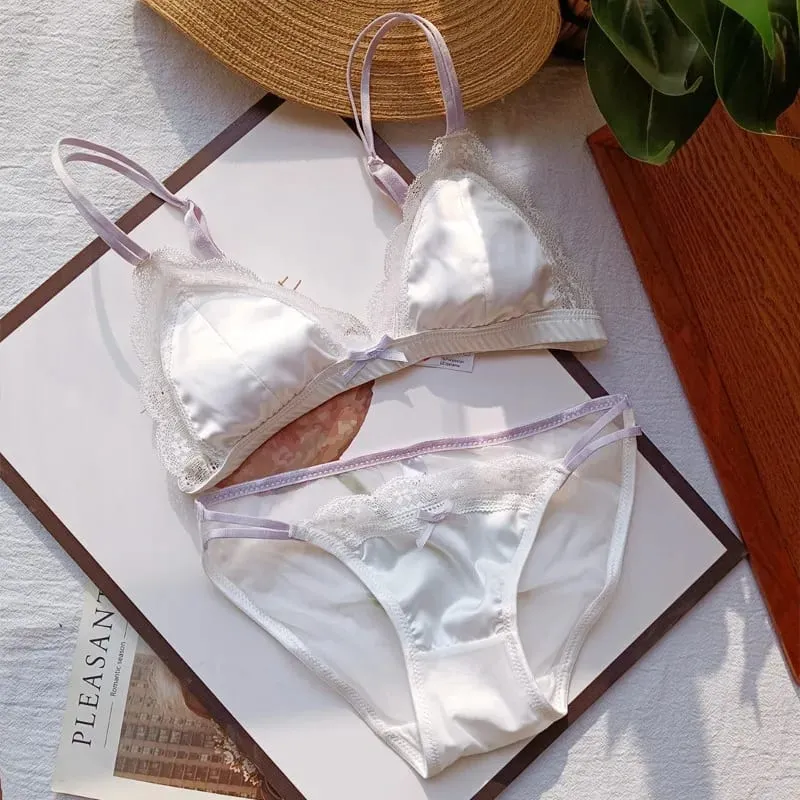 Bralette Perancis Klasik Tanpa Underwire Renda Elegan Cawan Kecil Pakaian Dalam Wanita Fesyen Set Bra 3 Keping dengan Cawan Berbentuk Lembut — image 13