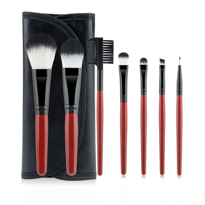 Conjunto de pincéis de maquiagem com cabo vermelho vinho, 7 peças, com bolsa de armazenamento de couro pu, cerdas macias, pó, blush, sombra, kit de pincéis cosméticos