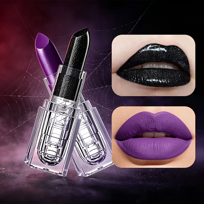 Clear Square Case Glitter Black Matte Purple Lipstick Halloween Cosplay Stage Creative Dark Lip Makeup — image 1