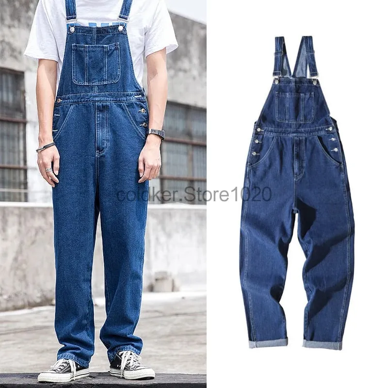 ใหม่ผู้ชาย DENIM Overalls Casual หลายกระเป๋าหลวม Splice ตรง Rompers แฟชั่นปรับ Suspenders กางเกงยีนส์สำหรับชาย — image 2