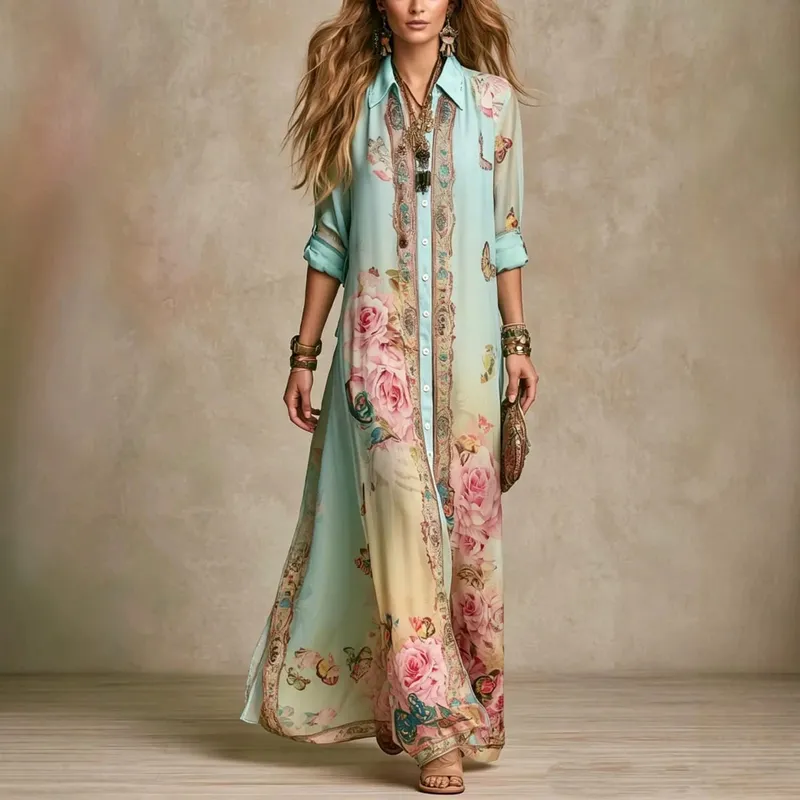Boho ดอกไม้พิมพ์เสื้อเชิ้ตผู้หญิง Turn-Down COLLAR Single-breasted หลวมชุดยาวฤดูร้อนสบายๆชายหาดชุด Flowy