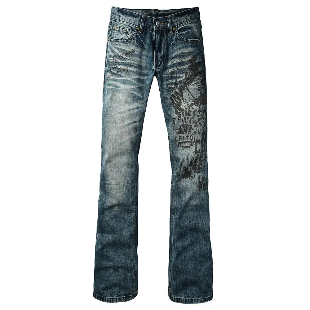 Erkek Çizme Kesim Denim Kot İnce Genişletilmiş Pantolon Mavi Streç Uzun Pantolon Yüksek Kaliteli Desen Baskı — image 1
