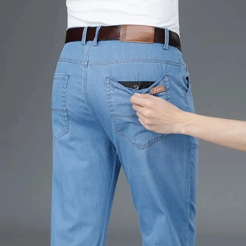 Seluar Jeans Nipis Perniagaan Lelaki Keanjalan Klasik Seluar Denim Kaki Lurus Fesyen Seluar Lembut Selesa Pakaian Kasual Lelaki — image 1