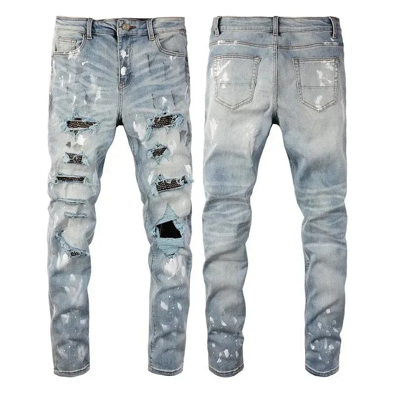 Blue High Street หลุมคริสตัลโปร่งใส Patchwork ยืด Slim Fit Rhinestones แพทช์ Distressed Ripped Graffiti กางเกงยีนส์ผู้ชาย — image 10