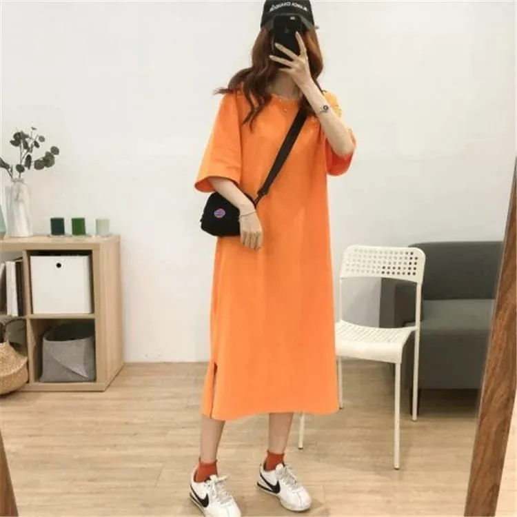Gaun Maxi Kapas Lengan Pendek Lengan Pendek Korea Potongan Sisi Baru Pakaian Panjang Gaya Leher Bulat Asas Pelajar Perempuan Longgar