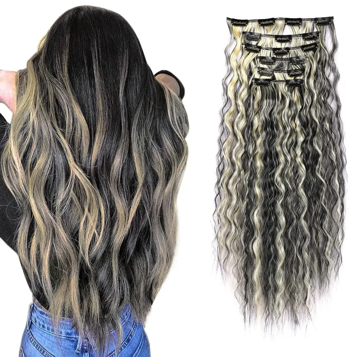 Extensions de cheveux synthétiques 6 pièces Extensions de cheveux à clips extensions de cheveux longs et raides postiches synthétiques douces naturelles pour les femmes