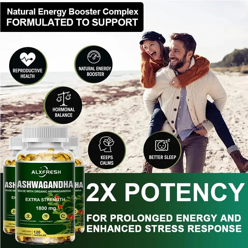 Alxfresh Pure Ashwagandha Root Extract Capsules 1800mg for Natural Mood Stress Focus Brain Energy Sleep Health Support