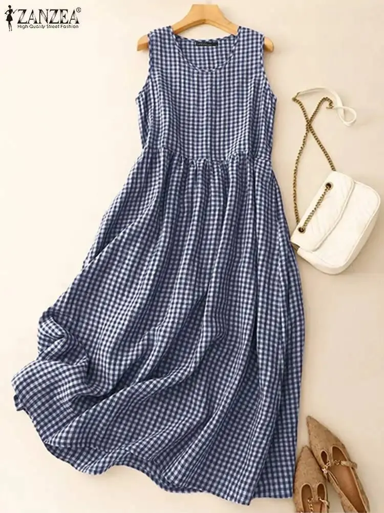 Abito estivo scozzese a quadri senza maniche Abiti da festa Bohemain Abito elegante da donna con scollo a O Abiti da lavoro larghi casual — image 2