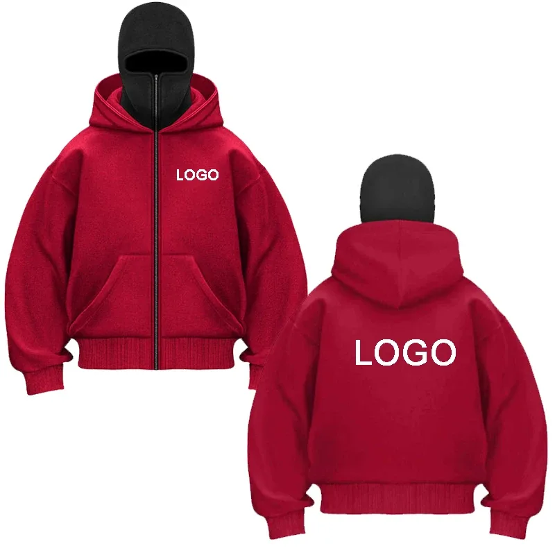 Desain DIY Hoodie Ritsleting Berkerudung Ganda Kaus Ritsleting Lengan Panjang Cetak Kustom Pria Jaket Pullover Masker Ninja Wanita — image 6