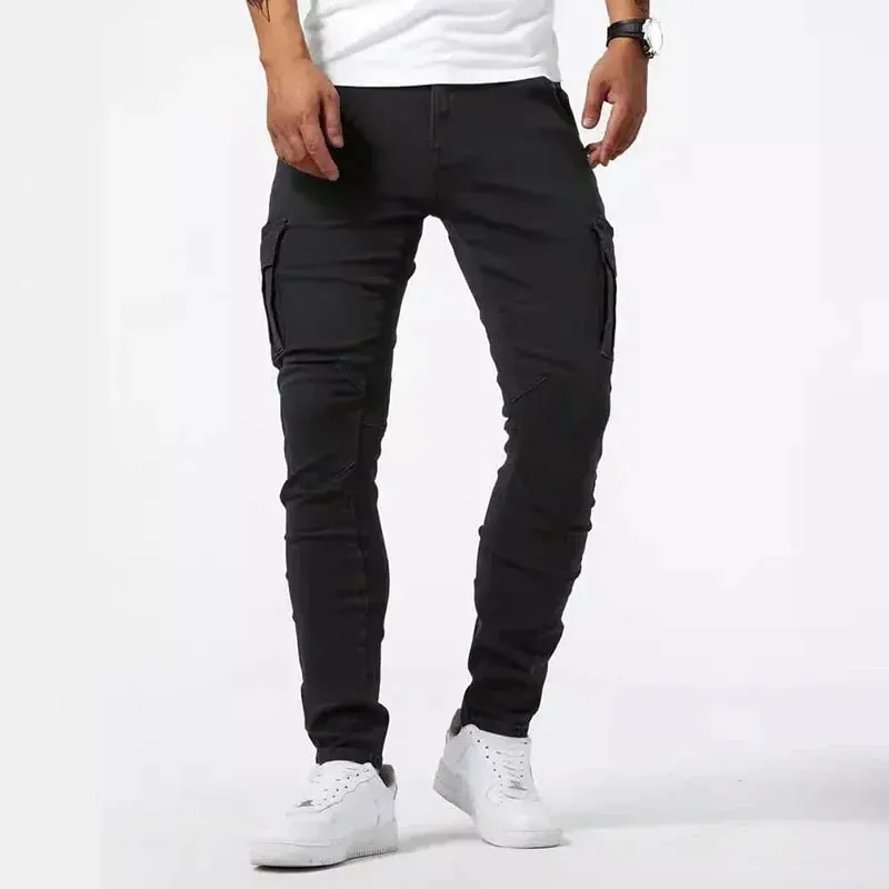 Männer Casual Bleistift Jeans Männlichen Elastische Multi Tasche Kleine Dünne High Street Denim Hosen Waschen Einfarbig Mittlere Taille Cargo-Jeans — image 3