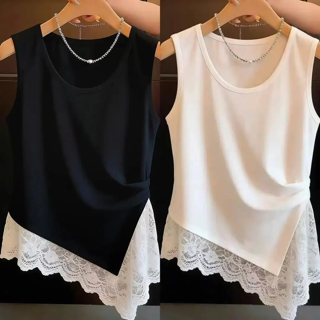 Vêtements de grande taille pour femmes, nouveau design plissé, sens de la dentelle, épissage de dentelle, gilet irrégulier, printemps et été — image 2