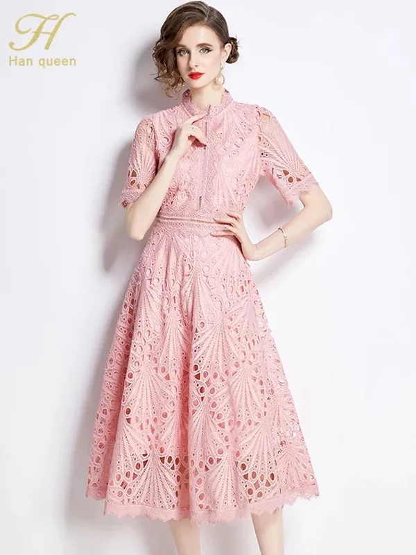 H Han Queen printemps nouveau élégant décontracté travail robes de soirée Floral Crochet évider dentelle Patchwork décontracté bureau robe mi-longue — image 10
