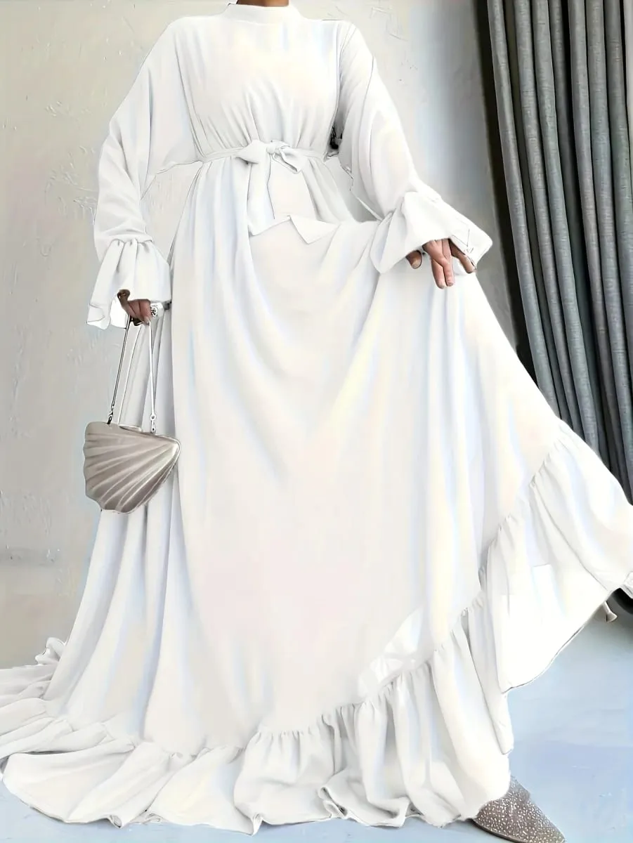 Elegant Solid Color Long Sleeve Dress Casual Loose Strap round Neck Flared Skirt Patchwork Pleated Gown for Women — image 4