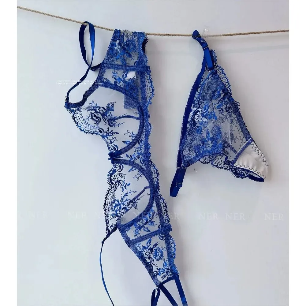 Französischer Stil Mesh-Stickerei-Spitzen-BH-Set mit Bügel, leicht transparenter dünner Dessous-Minimizer-BH für große Büste S-XL — image 4