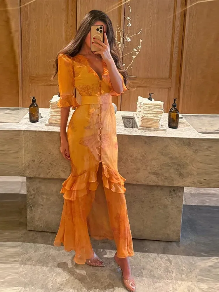 Stampa floreale Volant Scollo a V Vita stretta Abiti lunghi Orlo diviso Monopetto Maxi vestito 2026 Party Beach Vacation Abiti — image 4