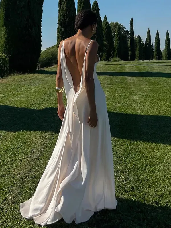 Robe longue en Satin pour femmes, dos nu, col en V, sans manches, fente, couleur unie, Sexy, Robes de soirée, vacances, été, 2026 — image 2