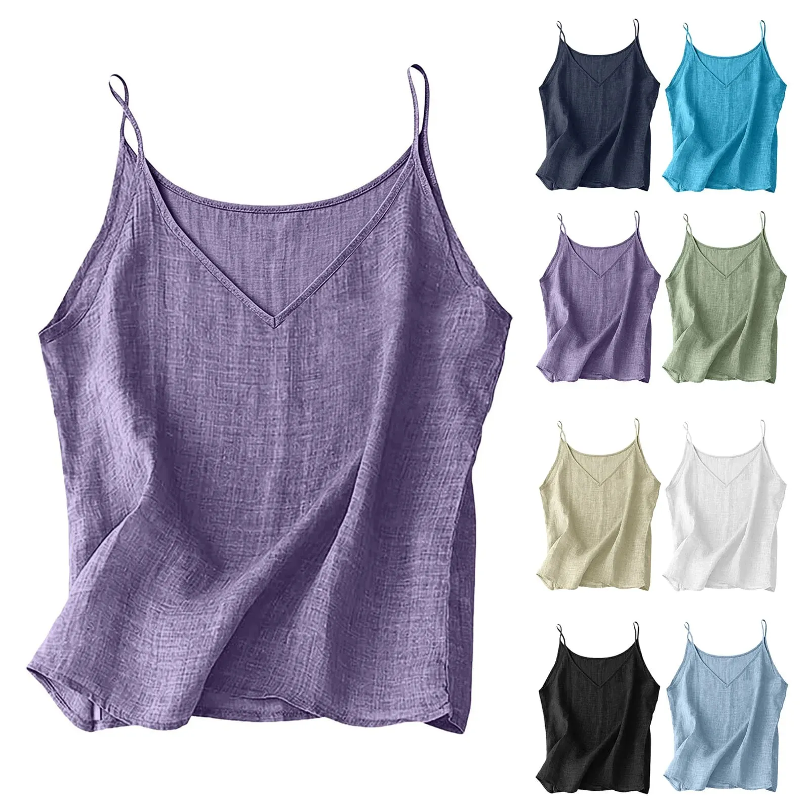 Tank Top Tali Spaghetti Linen Katun Wanita Atasan Pantai Musim Panas Kamisol Tanpa Lengan Kasual Ringan Longgar Warna Polos Leher V — image 2