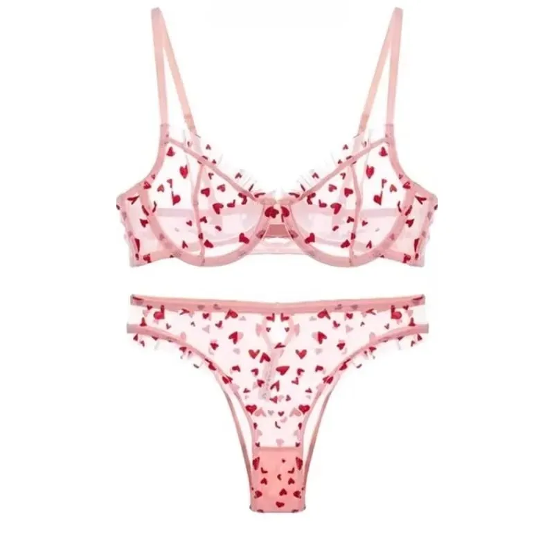 French Heart Print Transparent Lingerie Set Ultra Thin Underwire Bra Lace Sexy Push Up Gathering Small Breast Boost Hot Selling — image 1