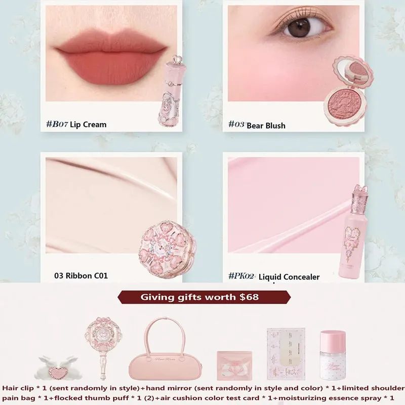 Flower Knows Makeup Gift Set Lip Cream Blush Cushion BB Cream Brightening Concealer Hydrating Essence & Cosmetic Bag All-in-One