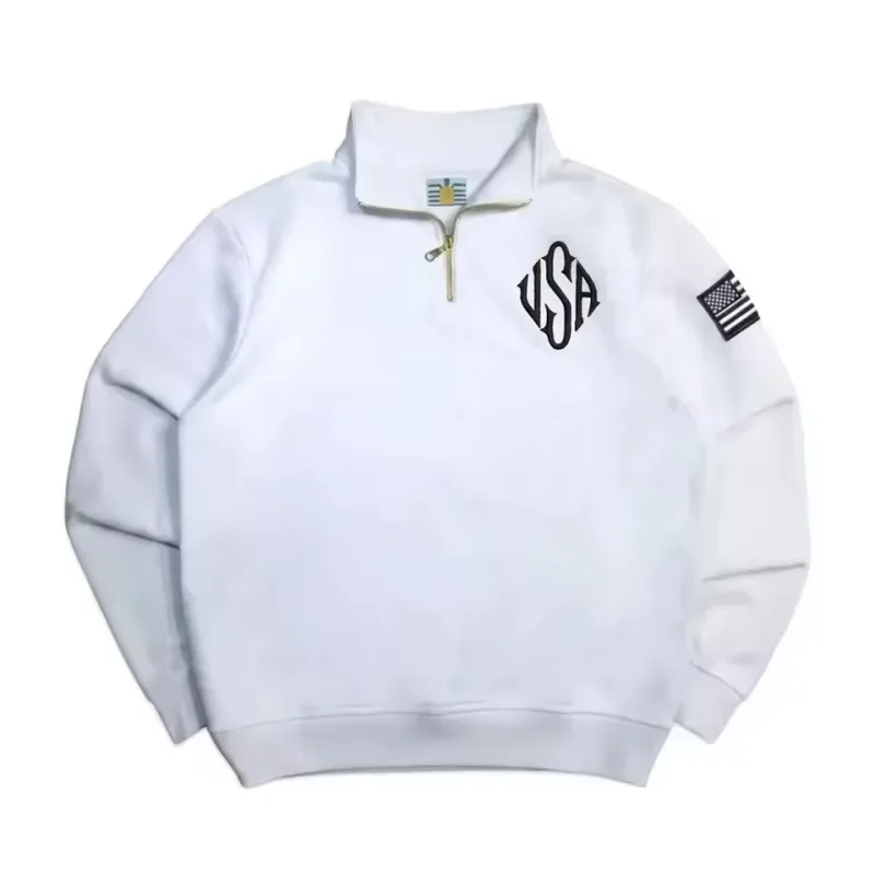 Pitt Y2K Retro Sweatshirt Lengan Sulaman Bendera AS Kolar Pendirian Quarterzip Pullover Niche Pakaian Jalanan Atasan Bersaiz Besar Uniseks — image 2