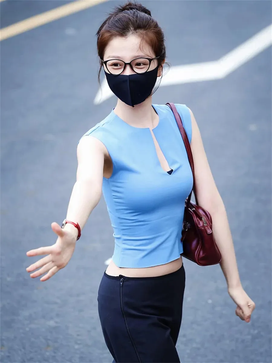 Kasual Puss Pelik Trend Tank Top Wanita Bergaya Klasik Split Patchwork Stretch Simple Sporty Streetwera Fesyen Asas Vest Harian — image 2