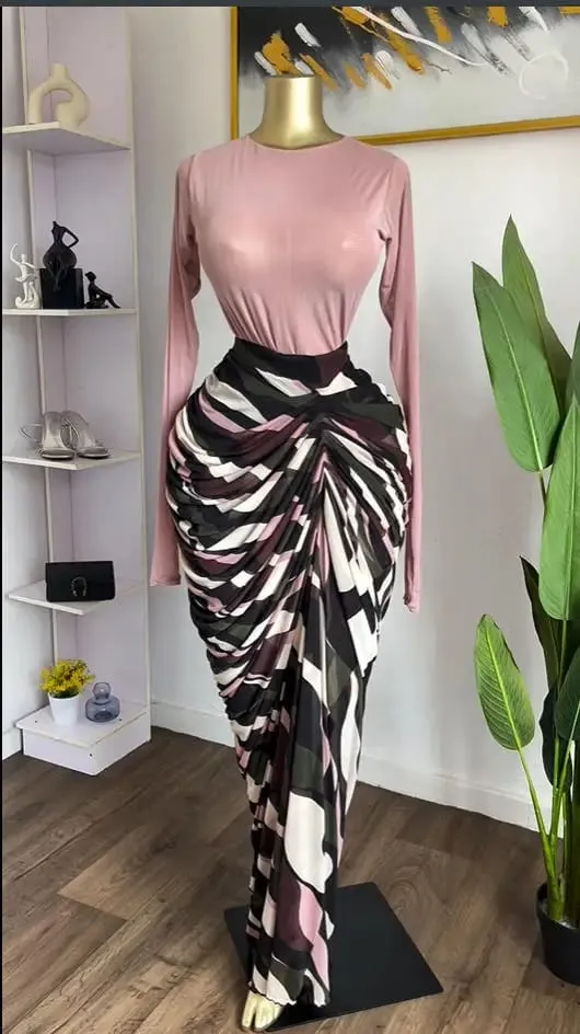 CM.YAYA Women Tie Dye Striped Patchwork Stacked Ruched Bodycon Midi Maxi Long Dress Fall Winter Education Vacation Prom Dresses — image 2