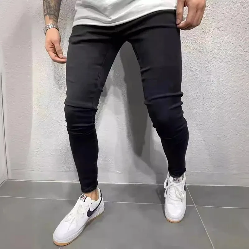 ฤดูใบไม้ผลิผู้ชายคลาสสิกความยืดหยุ่นดินสอกางเกงยีนส์ Jean Homme Man ยืดนุ่มสีดำ BIKER Masculino DENIM กางเกงบุรุษกางเกง