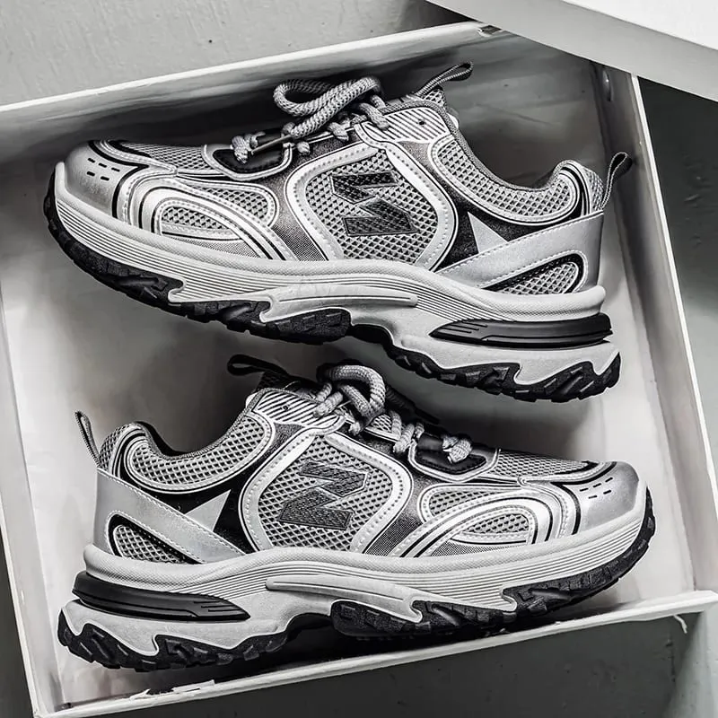 Sneakers Ayah Chunky Retro Lelaki | Kasut Larian Platform Perak Metalik — image 5